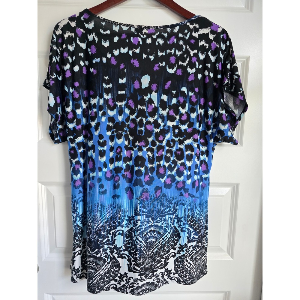 Milano Womens Large Blue Purple Animal Paisley Mixed Print Scoop Neck Tunic Top - Picture 4 of 5